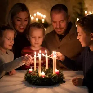 Family lighting Advent candles together