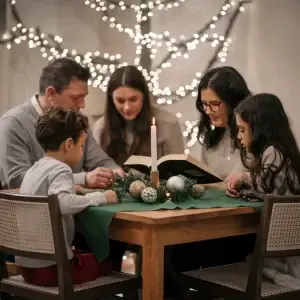 Family reading a Bible story together during Advent