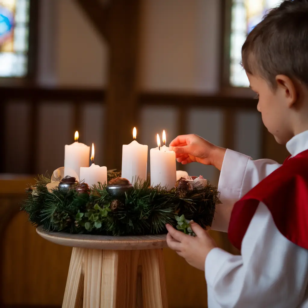 Child placing a candle in the Advent wreath