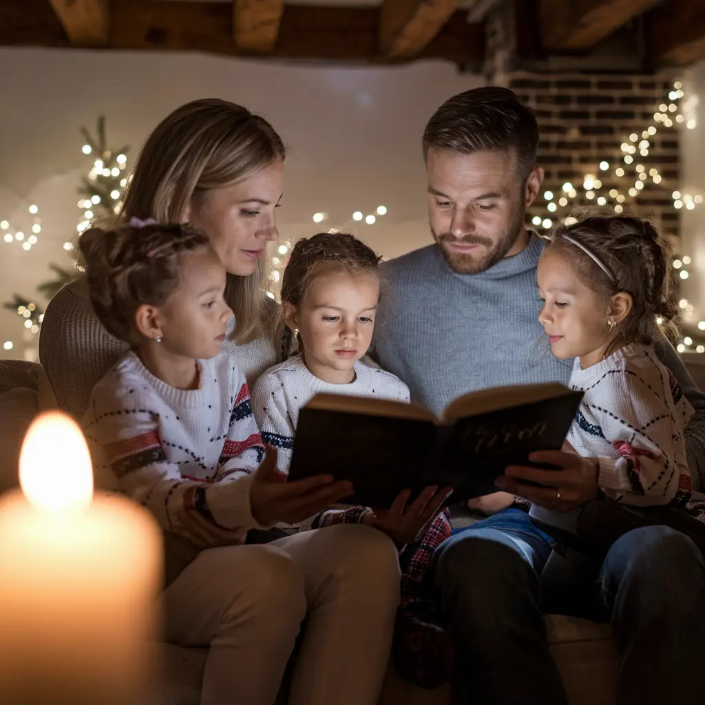 Parents reading an Advent Bible story to their children